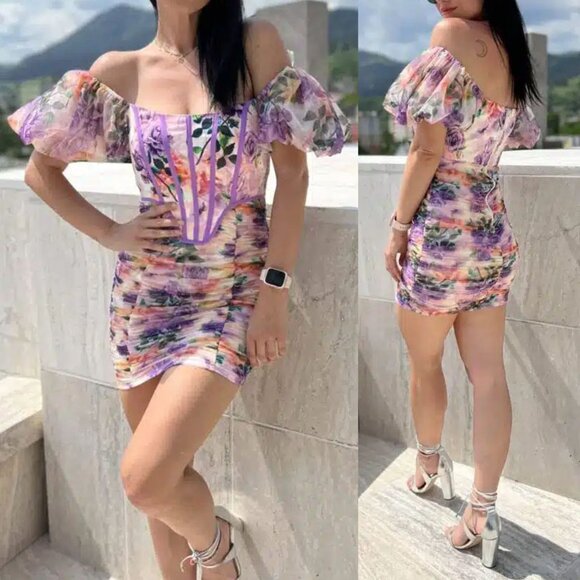 Donnee Par Dieu Corset Floral Ruched Mesh Puff Sleeve Bodycon Mini Dress Fairy M - Picture 3 of 16